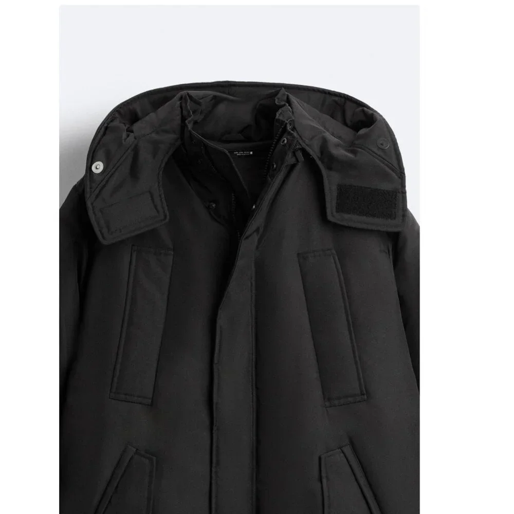 MEN Zara Charcoal Grey Black Quilted Parka With Detachable Hood Coat Size L NWT - Picture 11 of 13